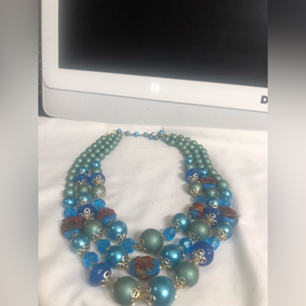 Vintage 3 Strand Avocado Green and Blue Teal Aqua Beads Necklace